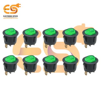 KCD1 10A 250V AC Green Color 3-Pin SPST Round Mini Plastic Rocker Switch Pack of 10